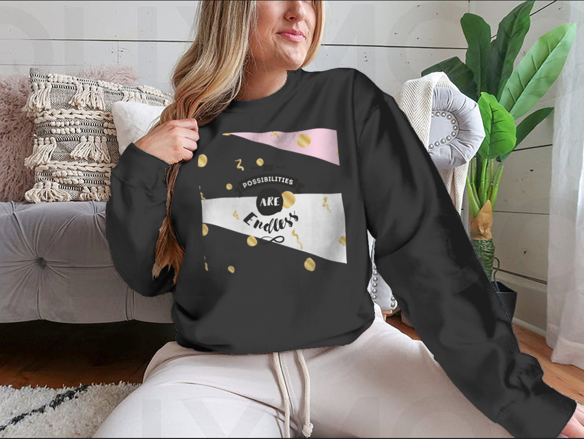 A cozy sweatshirt featuring the inspirational quote 'The Possibilities Are Endless' in stylish typography, perfect for casual wear.