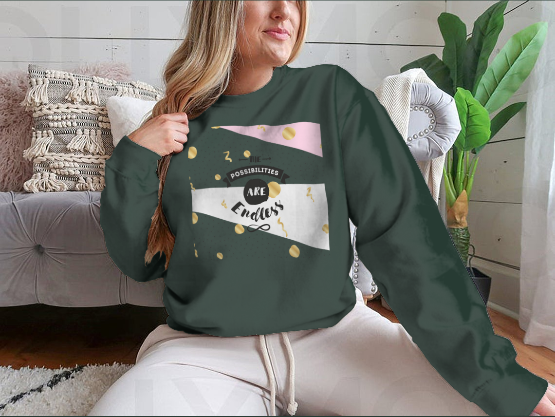 A cozy sweatshirt featuring the inspirational quote 'The Possibilities Are Endless' in stylish typography, perfect for casual wear.