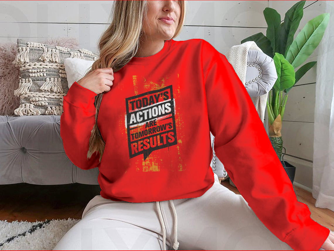 A motivational sweatshirt featuring the quote 'Today's Actions Are Tomorrow's Results', made from a soft cotton/polyester blend.