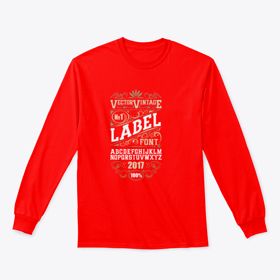Vintage Label Font t-shirt featuring a whiskey label style with vintage ornamentation, showcasing its classic fit and quality fabric.