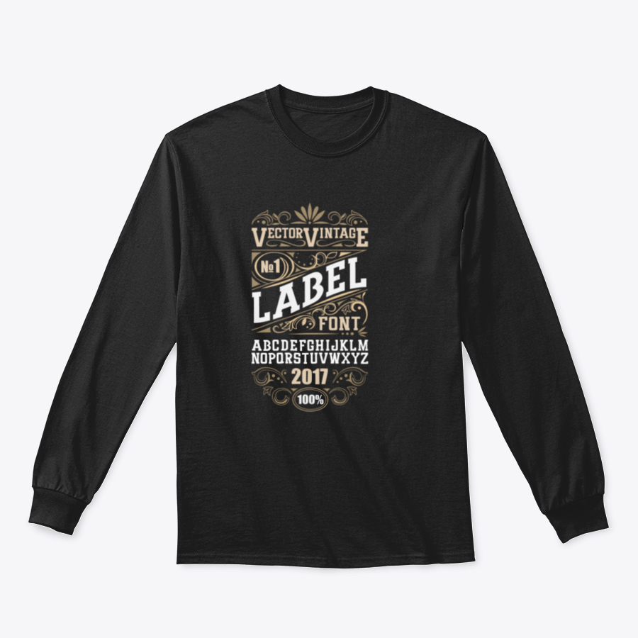 Vintage Label Font t-shirt featuring a whiskey label style with vintage ornamentation, showcasing its classic fit and quality fabric.