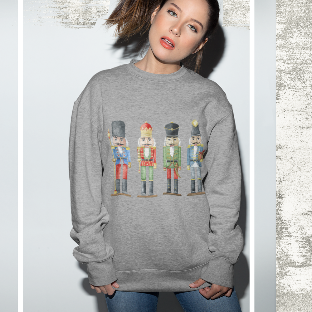 Womens Nutcracker Toy Soldiers Sweatshirt featuring a festive design with toy soldiers, ribbed collar, and loose fit for comfort.