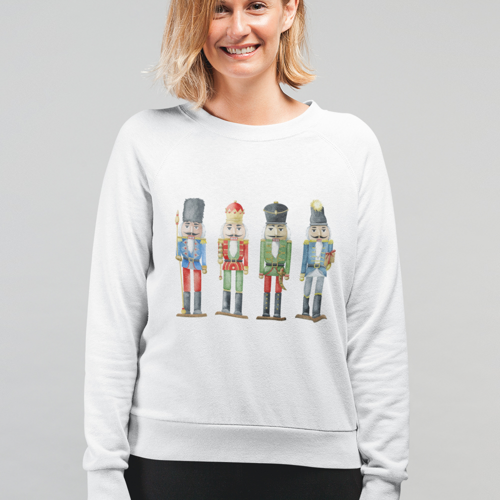 Womens Nutcracker Toy Soldiers Sweatshirt featuring a festive design with toy soldiers, ribbed collar, and loose fit for comfort.