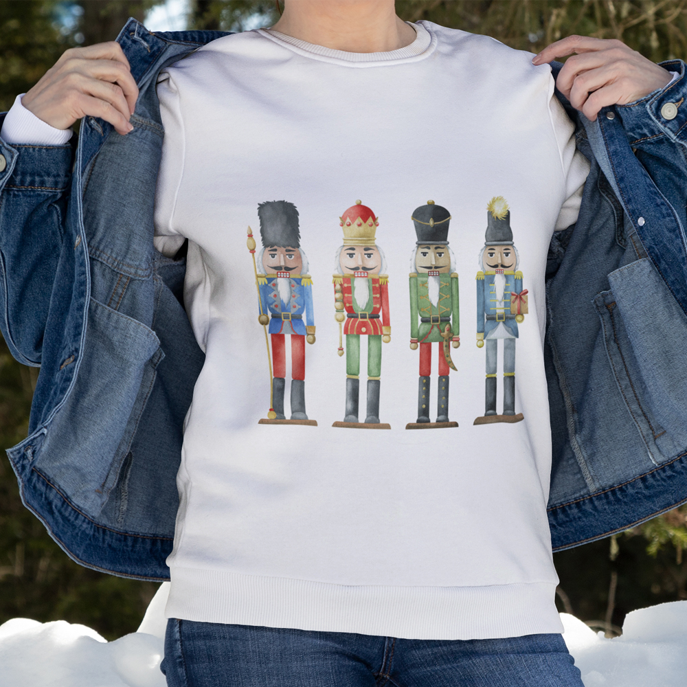 Womens Nutcracker Toy Soldiers Sweatshirt featuring a festive design with toy soldiers, ribbed collar, and loose fit for comfort.