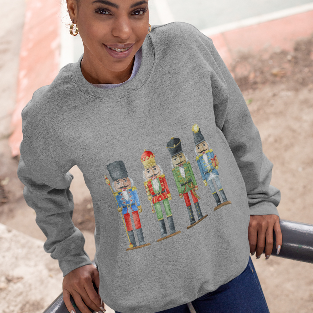 Womens Nutcracker Toy Soldiers Sweatshirt featuring a festive design with toy soldiers, ribbed collar, and loose fit for comfort.