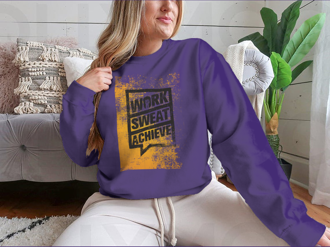 A stylish sweatshirt featuring the motivational phrase 'Work Sweat Achieve', made from a comfortable cotton/polyester blend.