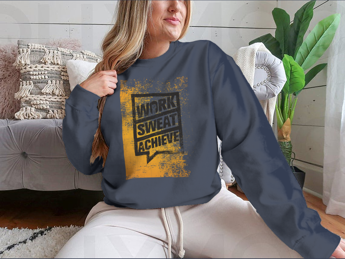 A stylish sweatshirt featuring the motivational phrase 'Work Sweat Achieve', made from a comfortable cotton/polyester blend.