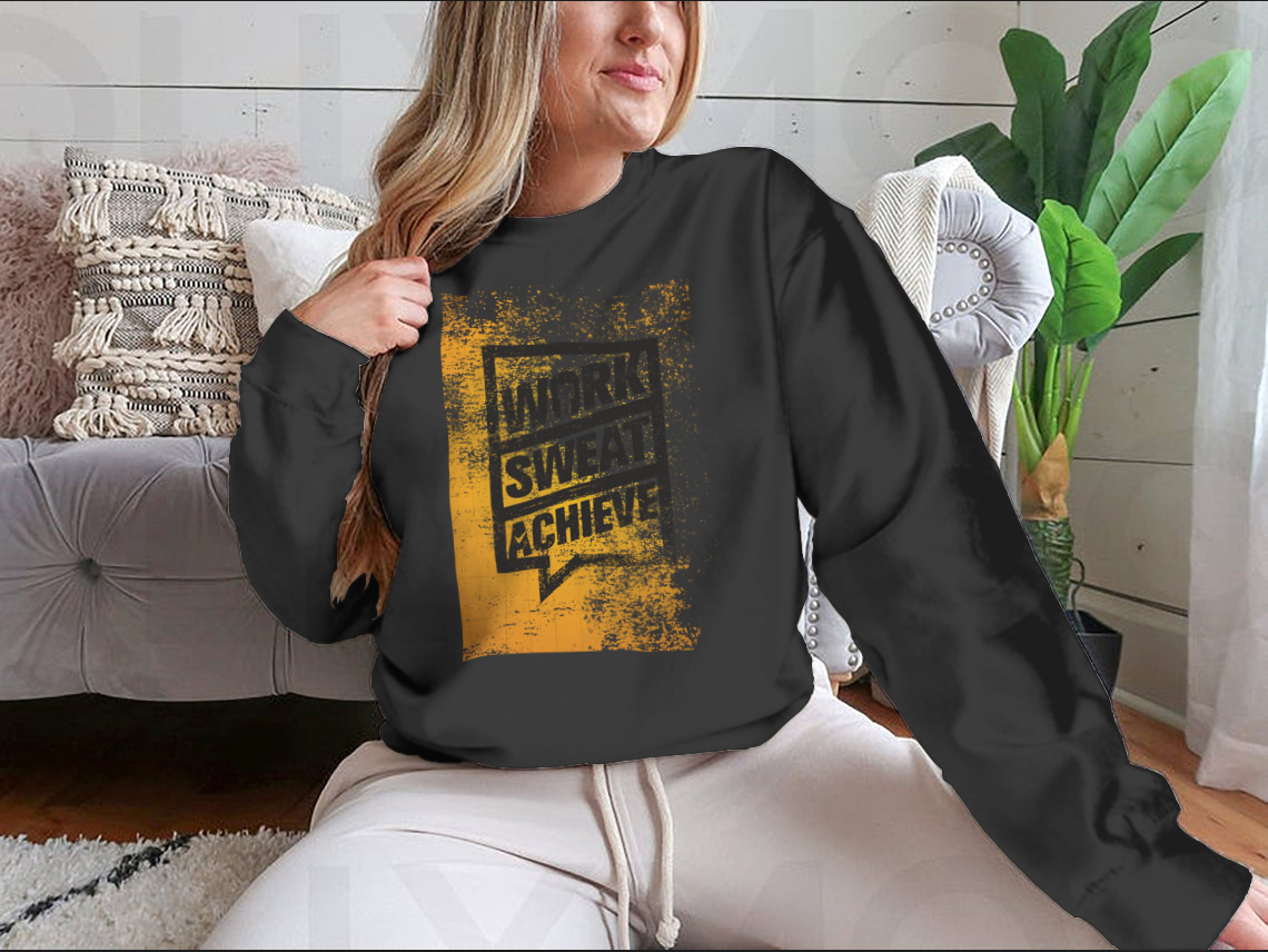 A stylish sweatshirt featuring the motivational phrase 'Work Sweat Achieve', made from a comfortable cotton/polyester blend.