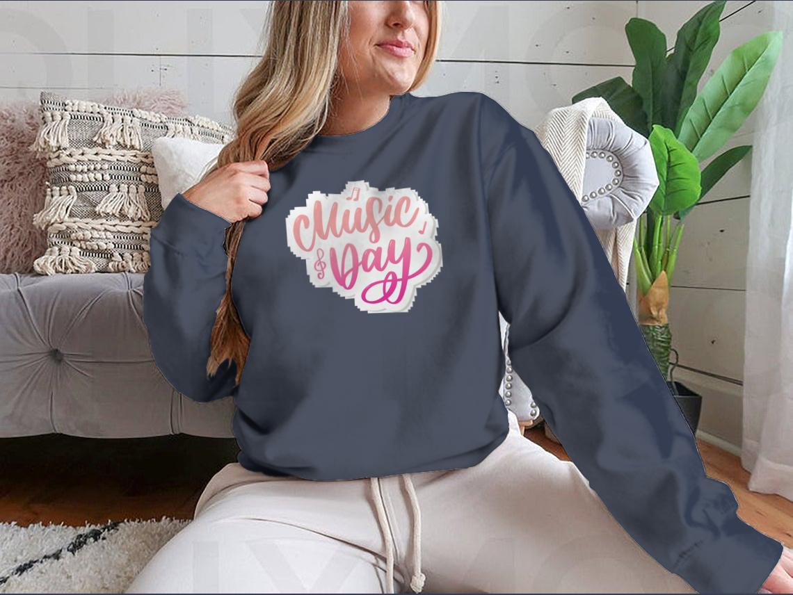 A stylish T-shirt featuring a calligraphy brush logo celebrating World Music Day, made from 100% cotton for comfort.