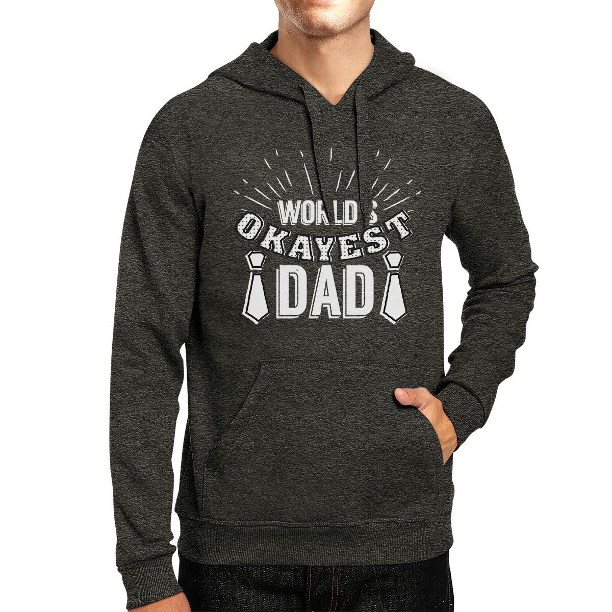Dark grey hoodie with the text 'World's Okayest Dad' in a funny design, perfect for Father's Day gifts.