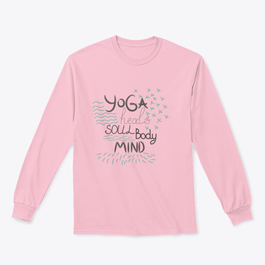 A motivational quote design featuring 'Yoga Heals The Body Soul Mind' on a comfortable cotton-polyester blend fabric, perfect for yoga enthusiasts.