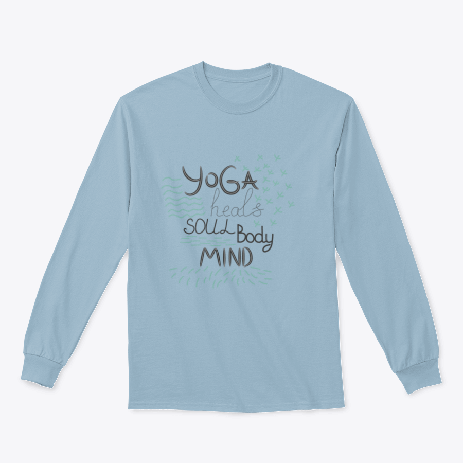 A motivational quote design featuring 'Yoga Heals The Body Soul Mind' on a comfortable cotton-polyester blend fabric, perfect for yoga enthusiasts.
