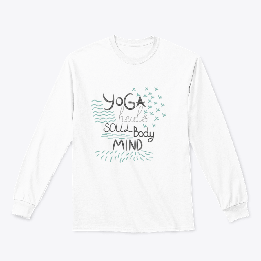 A motivational quote design featuring 'Yoga Heals The Body Soul Mind' on a comfortable cotton-polyester blend fabric, perfect for yoga enthusiasts.