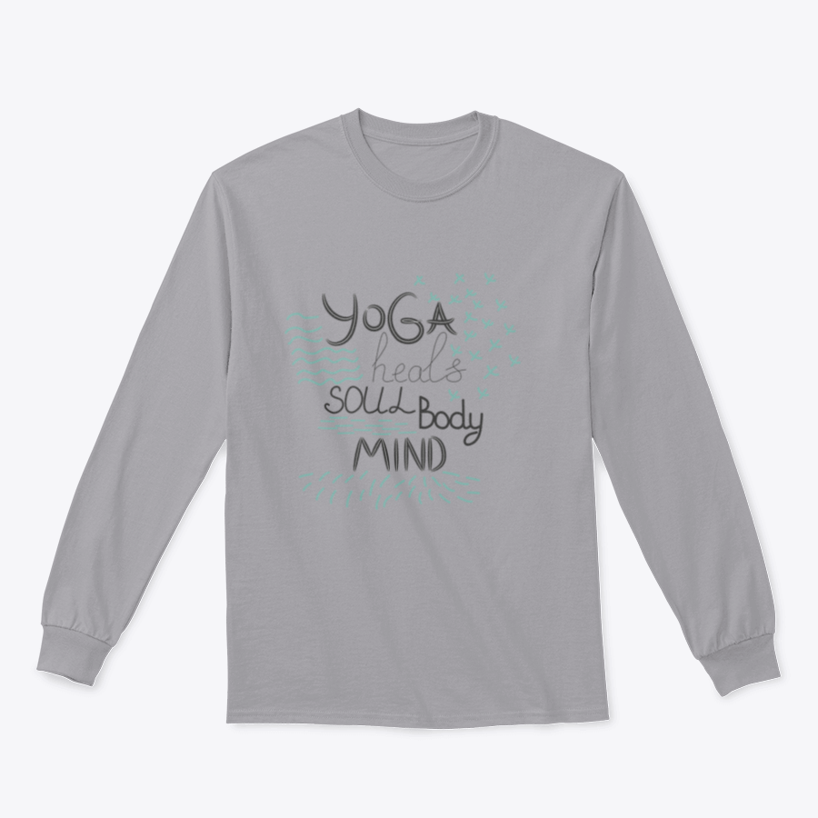 A motivational quote design featuring 'Yoga Heals The Body Soul Mind' on a comfortable cotton-polyester blend fabric, perfect for yoga enthusiasts.