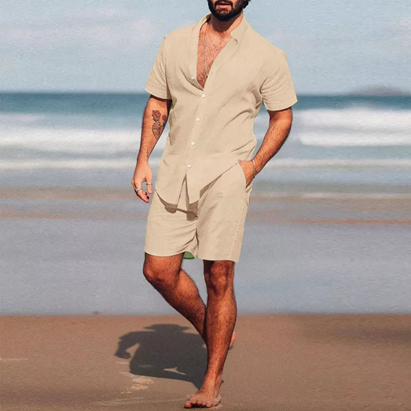 Breathable Hawaiian Men Beach two-piece set featuring a short sleeve top and elastic waist pants, perfect for summer outings.