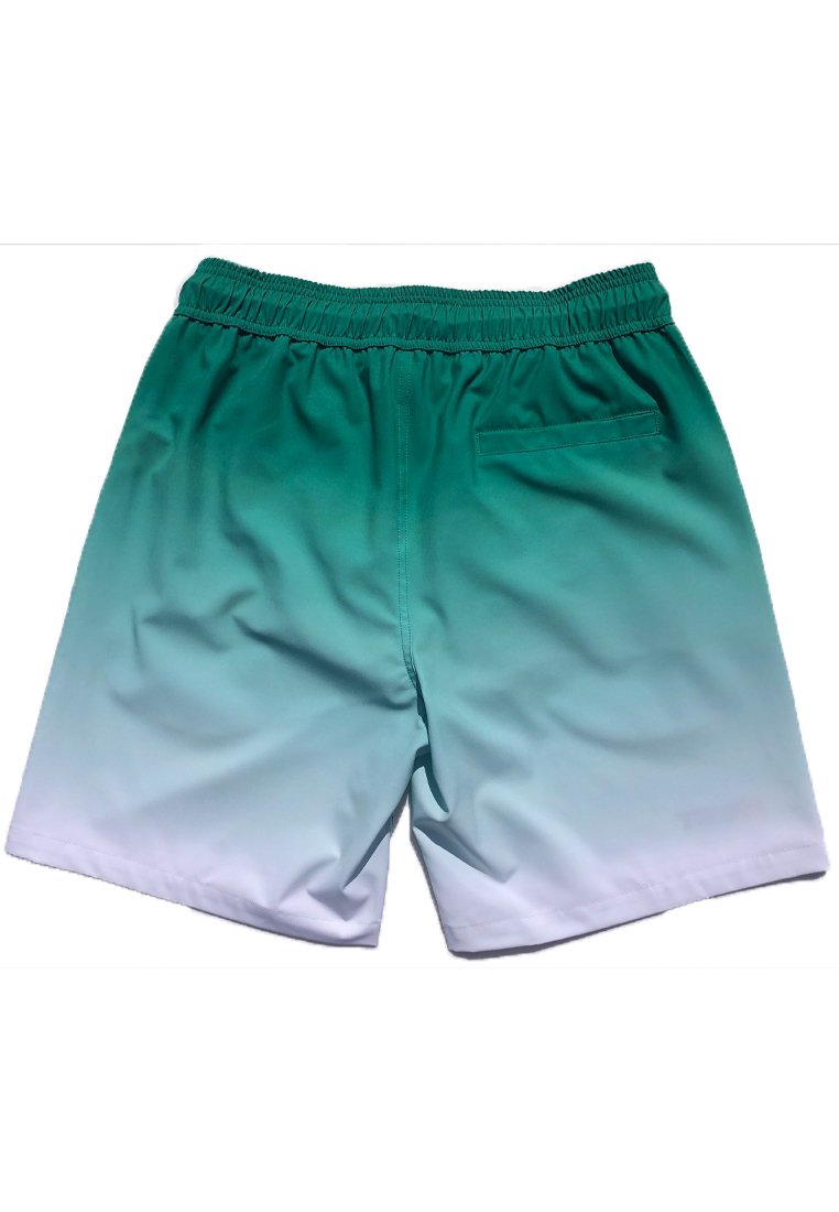 Bright yellow beach shorts with elastic waistband and drawstring, featuring two side pockets and black mesh liner, made from recycled materials.