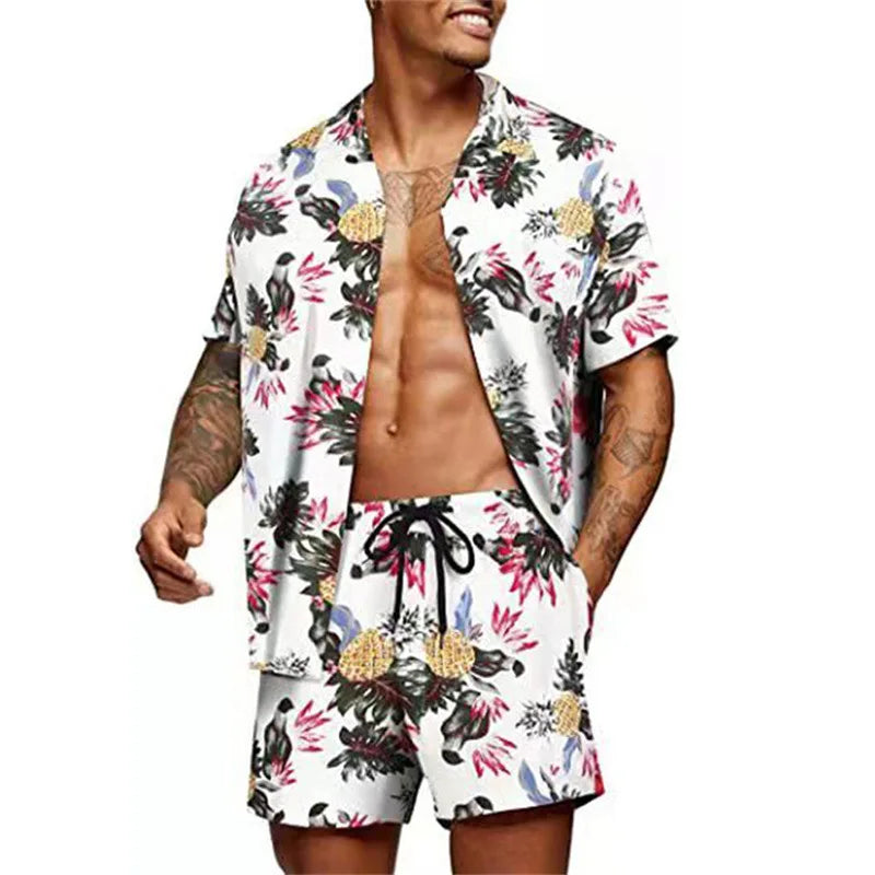 Floral Hawaiian two-piece men beach shorts set featuring vibrant tropical patterns and a comfortable fit, ideal for beach outings.