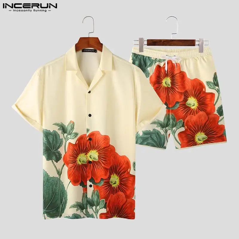 Men's Flower Style beach short set featuring vibrant red color and floral print, perfect for summer outings.