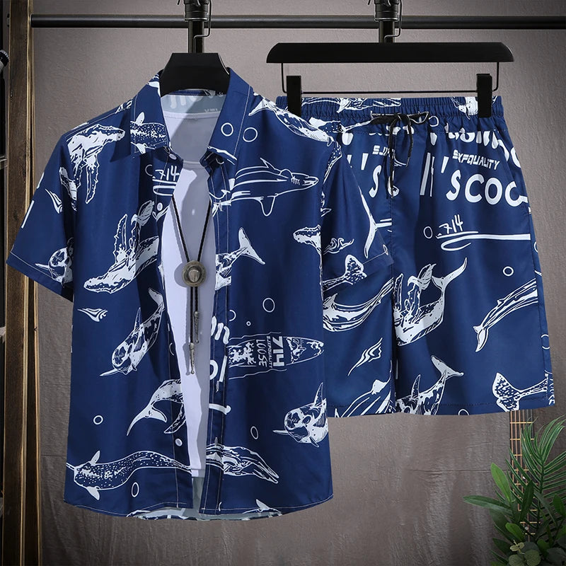 Men's beach shorts set featuring an animal print design, elastic waist, and lightweight polyester material, perfect for summer outings.