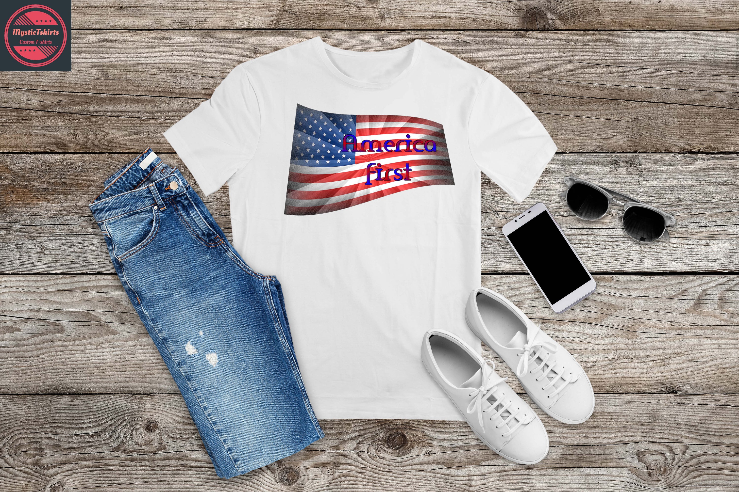 A custom-made America First T-shirt featuring vibrant colors and personalized design options, showcasing high-quality fabric and printing.