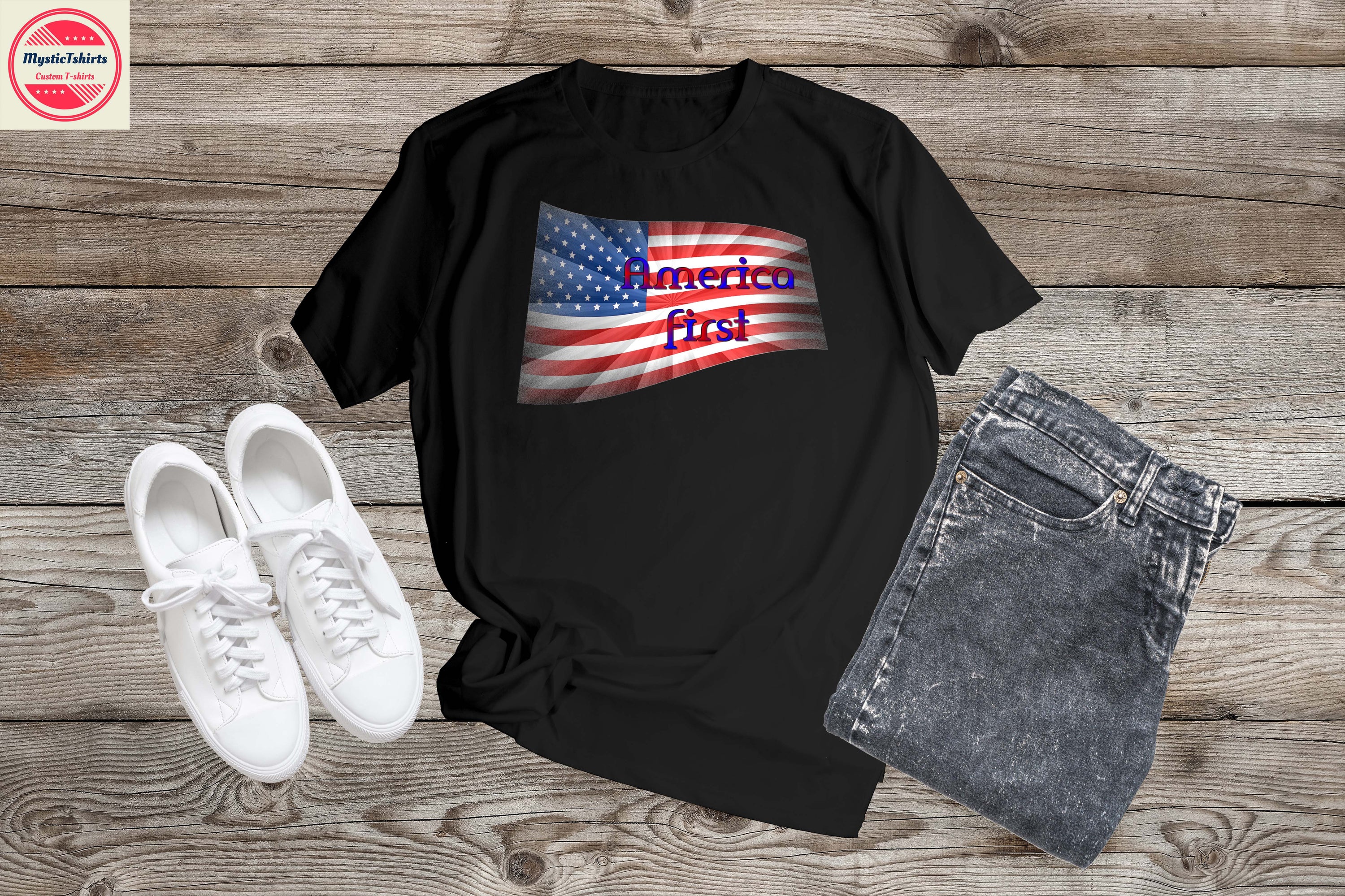 A custom-made America First T-shirt featuring vibrant colors and personalized design options, showcasing high-quality fabric and printing.