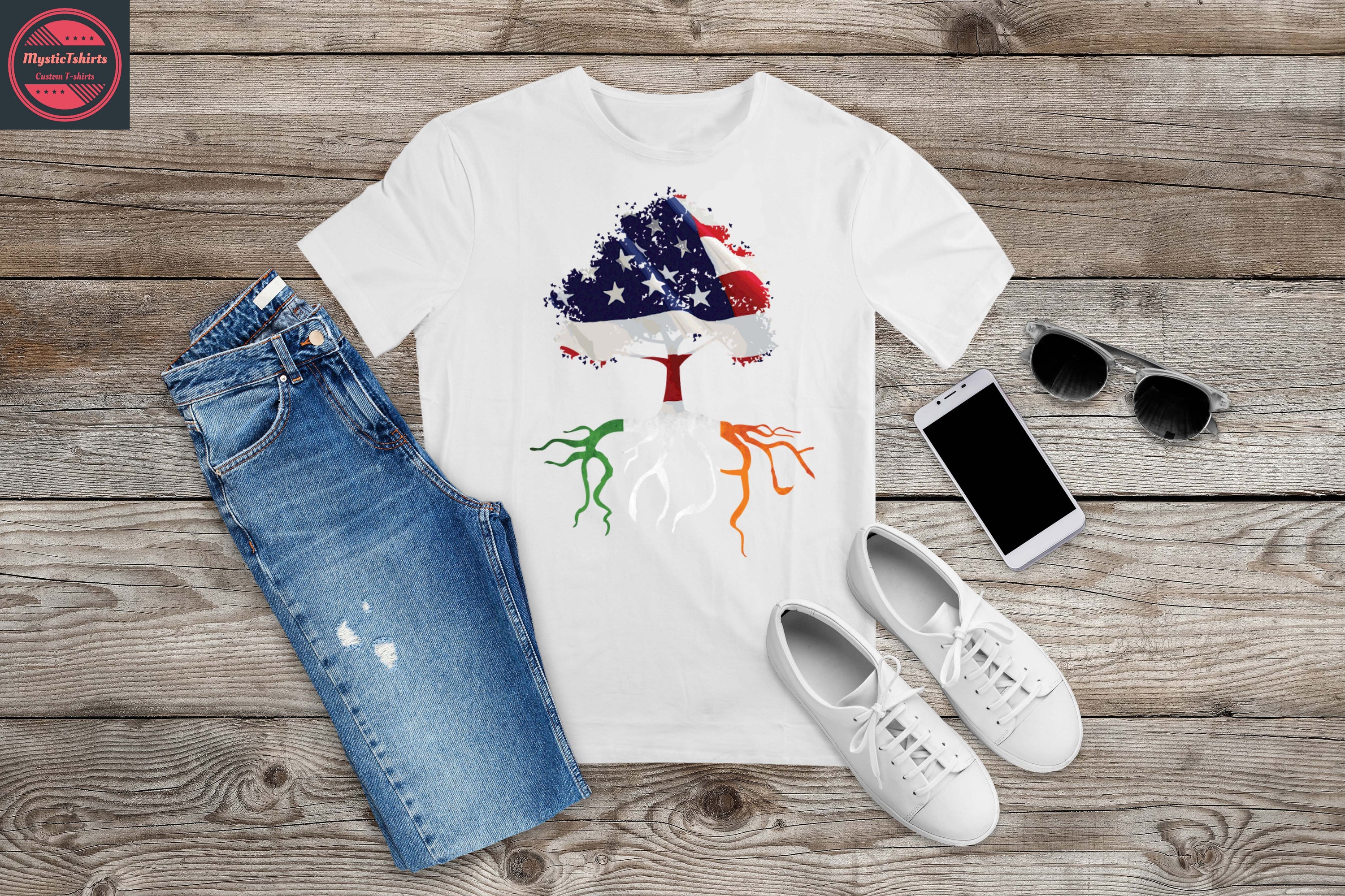 Custom made T-shirt featuring American and Irish roots design, showcasing vibrant colors and high-quality fabric.
