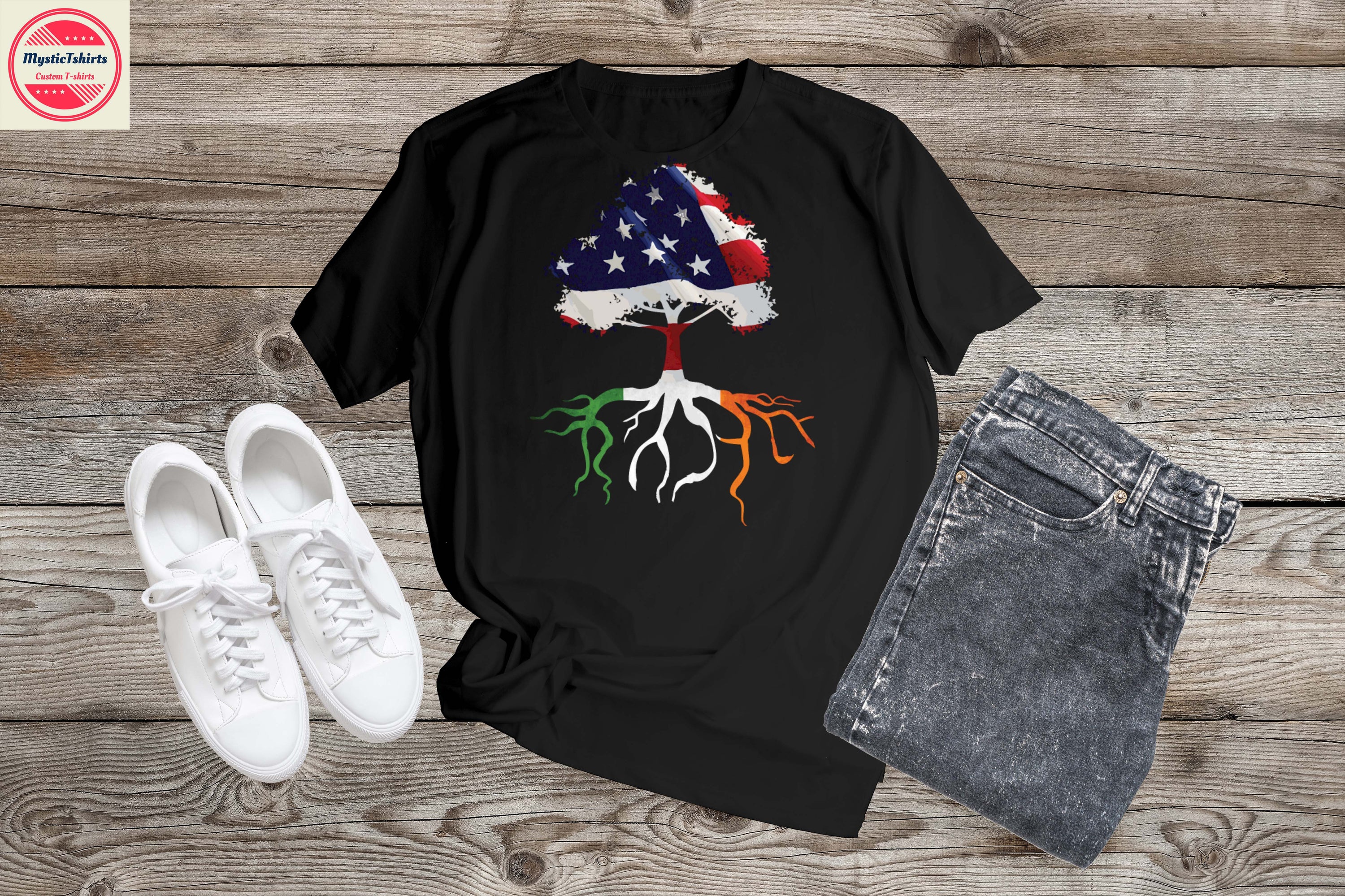 Custom made T-shirt featuring American and Irish roots design, showcasing vibrant colors and high-quality fabric.
