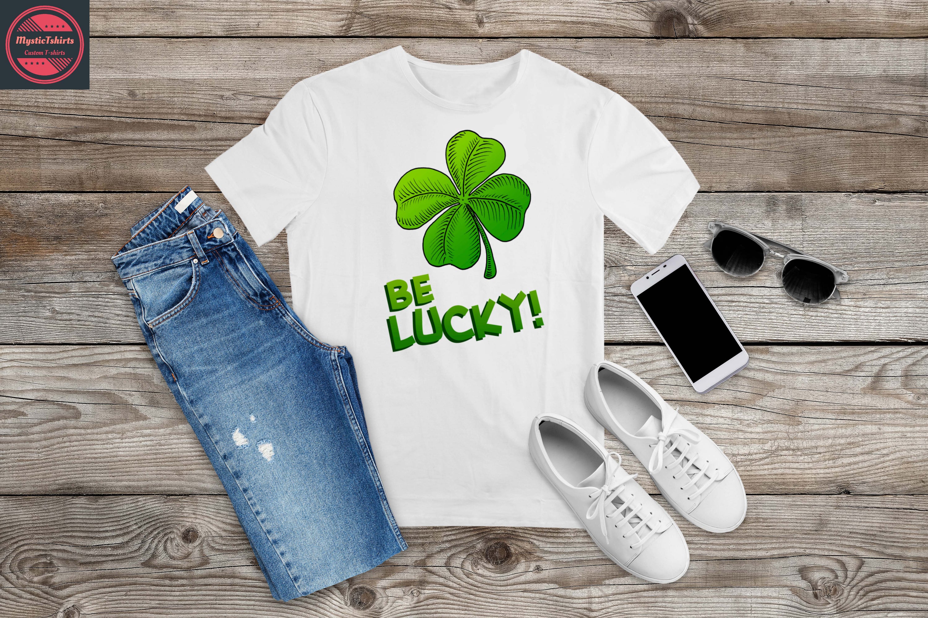 Custom BE LUCKY shirt with personalized text, showcasing high-quality fabric and vibrant colors.