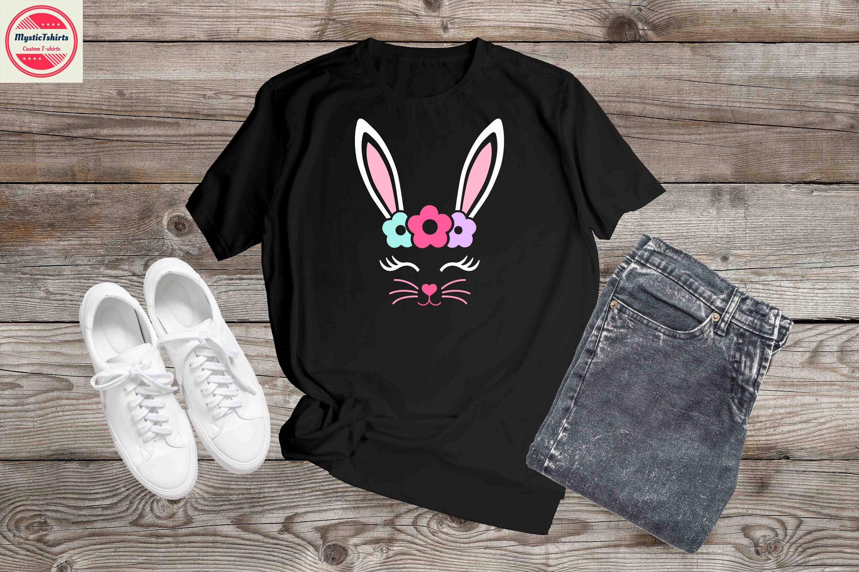 Custom made Bunny Face with Flowers T-shirt, featuring vibrant colors and a unique design, perfect for personalized gifts.