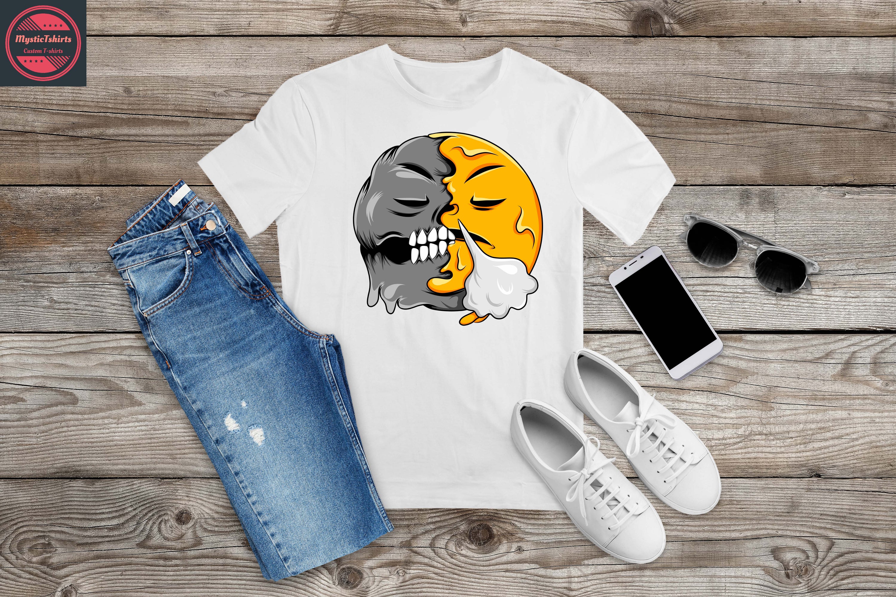 A vibrant personalized T-shirt featuring custom text and design options, showcasing quality fabric and printing.