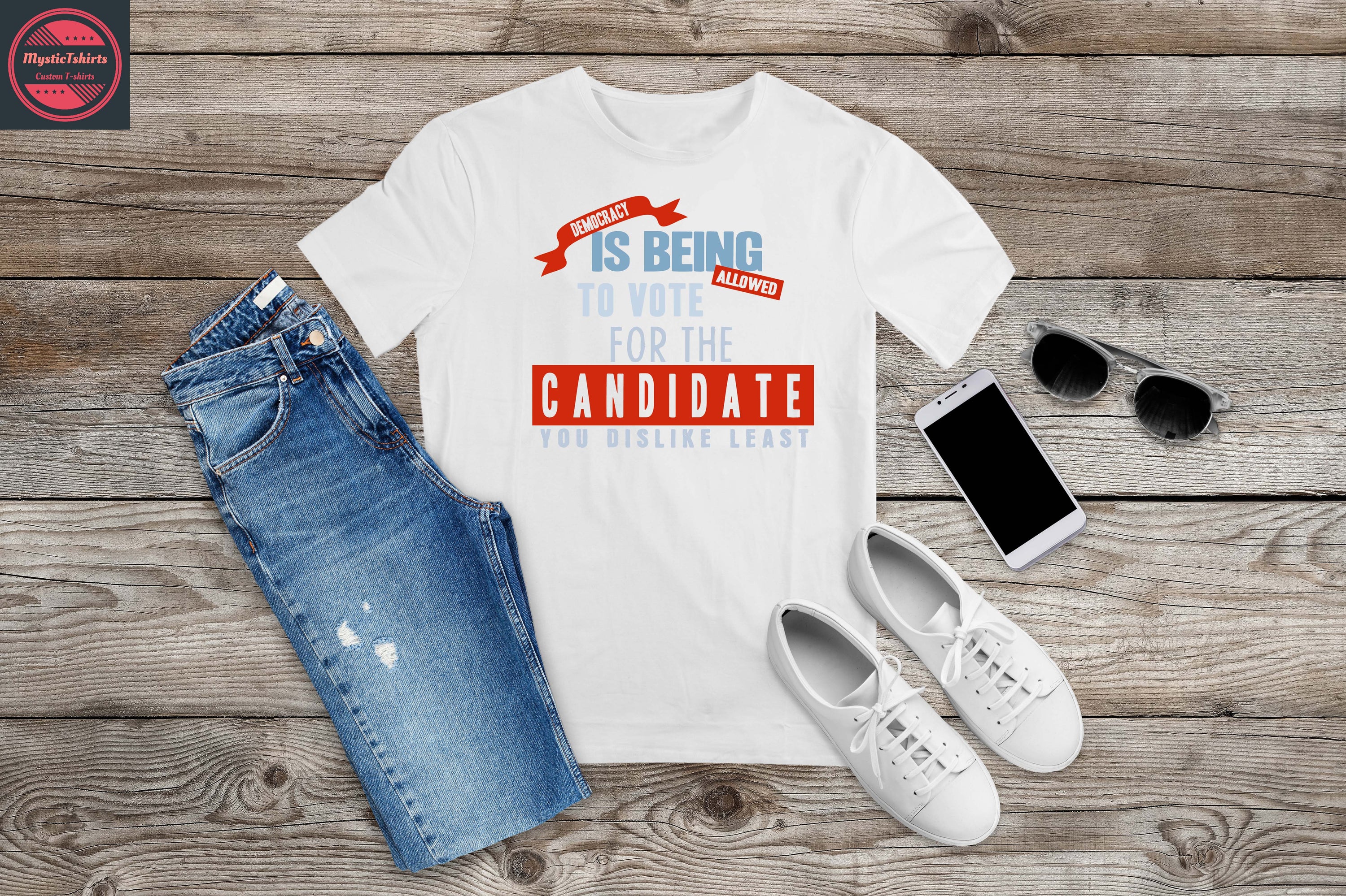 Custom made shirt with the phrase 'Democracy is Being Allowed to Vote', showcasing vibrant colors and high-quality fabric.