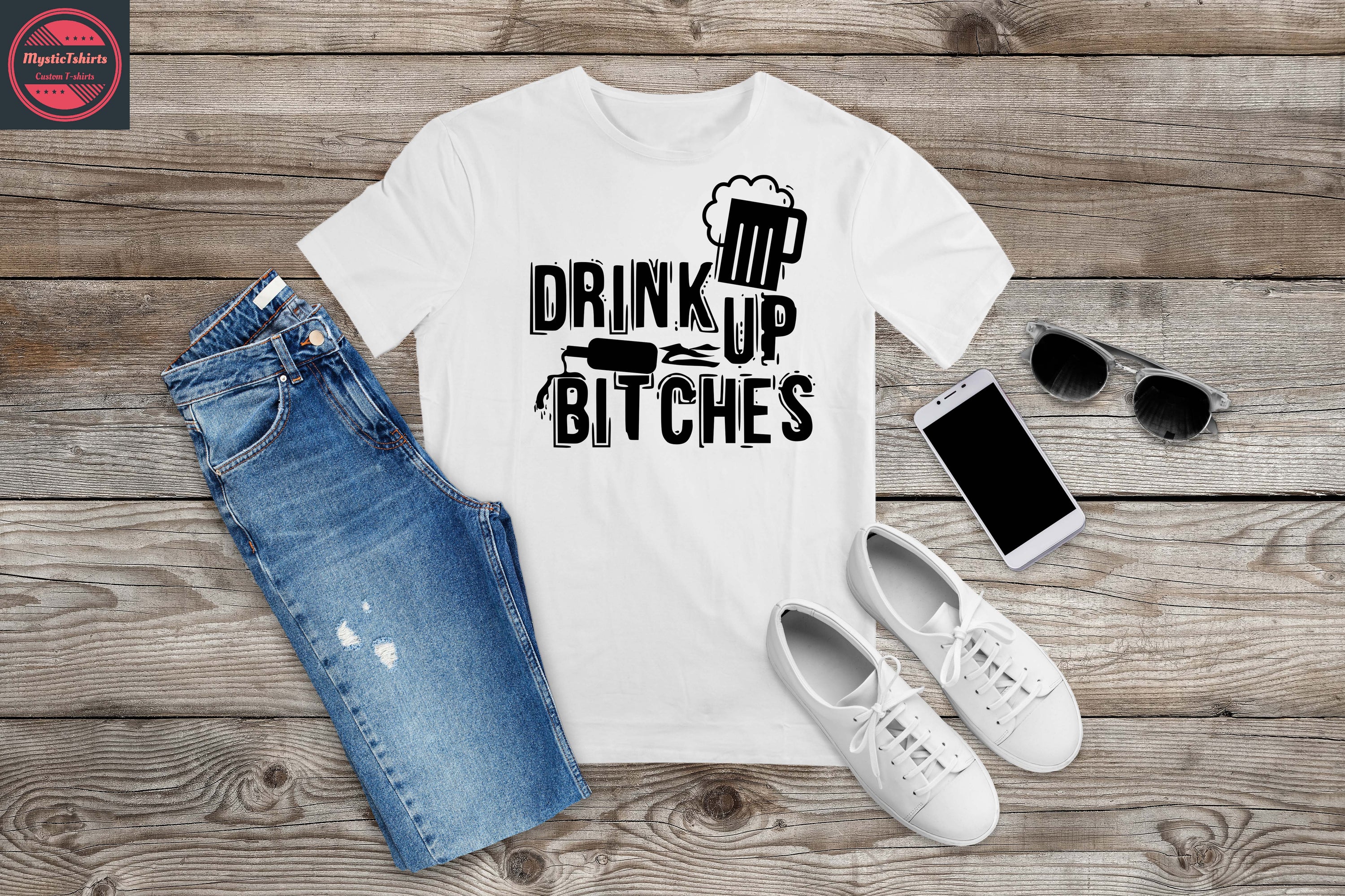 Custom 'Drink Up Bitches' T-shirt displayed on a hanger, showcasing vibrant colors and high-quality fabric.