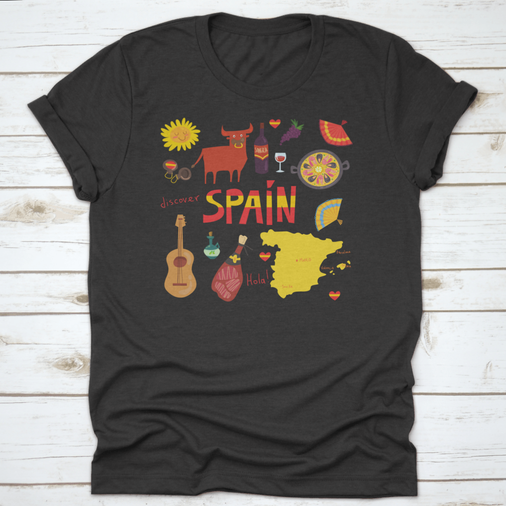 A stylish T-shirt featuring 12 iconic Spanish symbols including a bull, guitar, map, paella, wine, and olive oil, made from high-quality cotton.