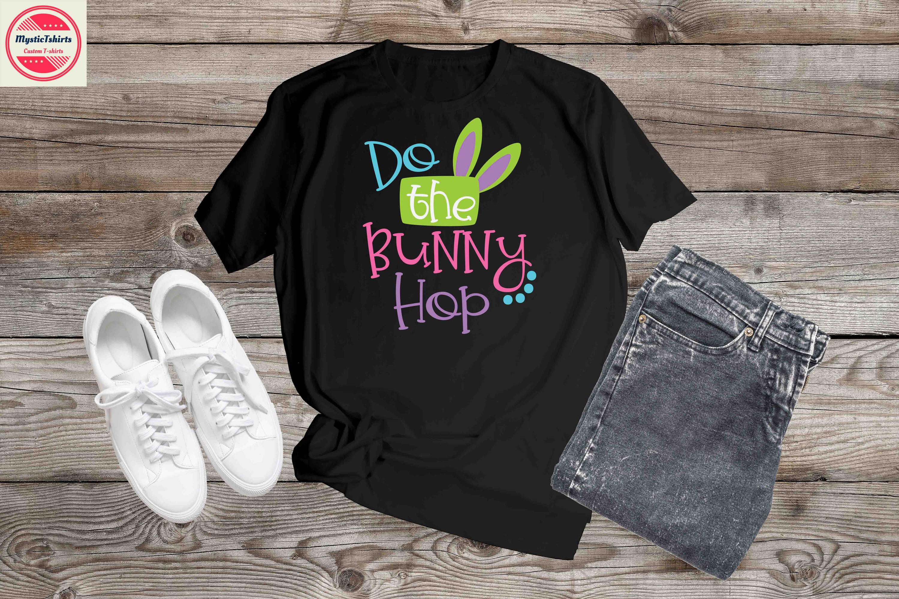 Custom made 'Do the Bunny Hop' shirt featuring vibrant colors and personalized design options, perfect for any occasion.