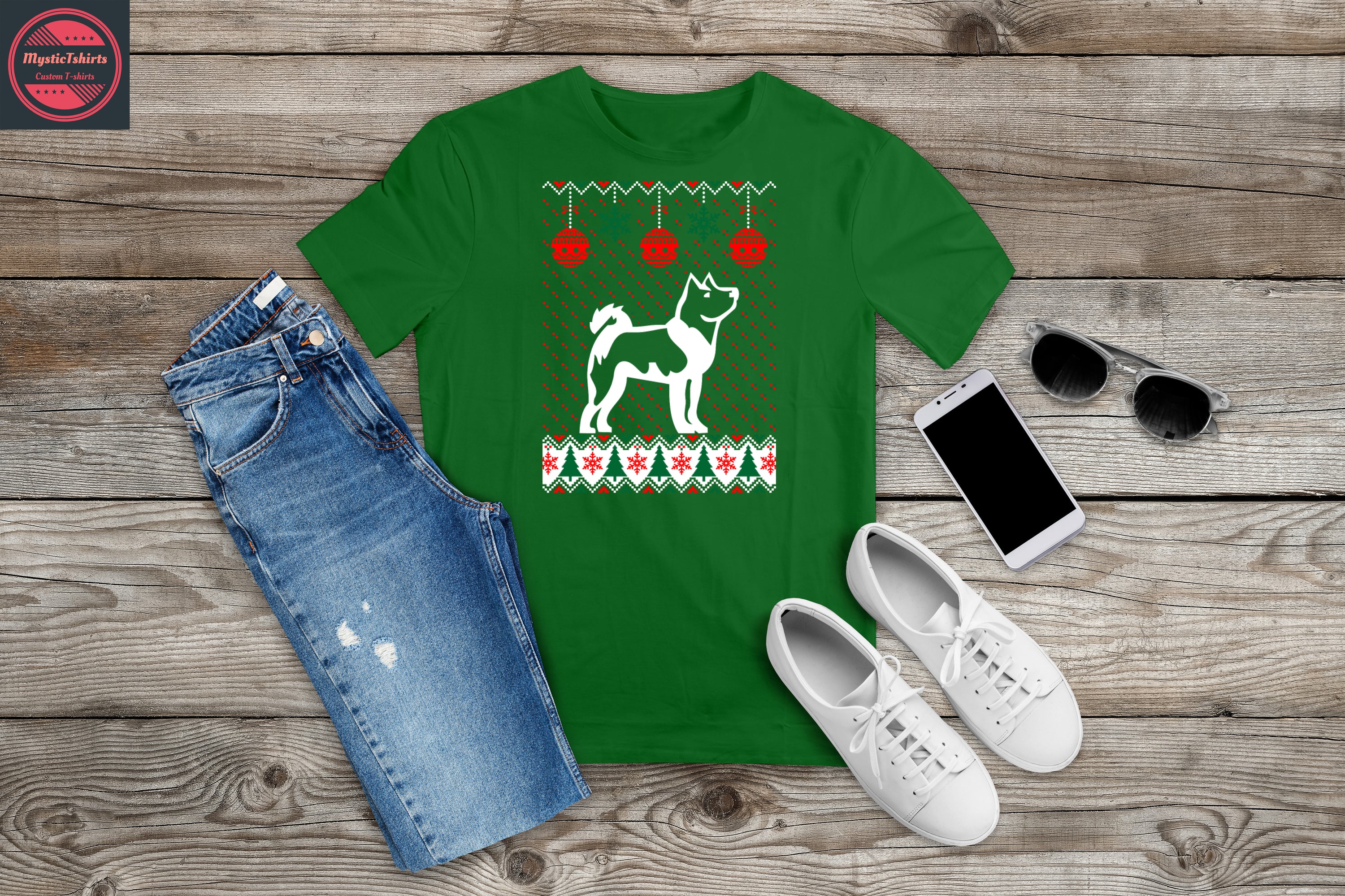 Custom-made T-shirt featuring dogs and Christmas theme, showcasing vibrant colors and high-quality fabric.