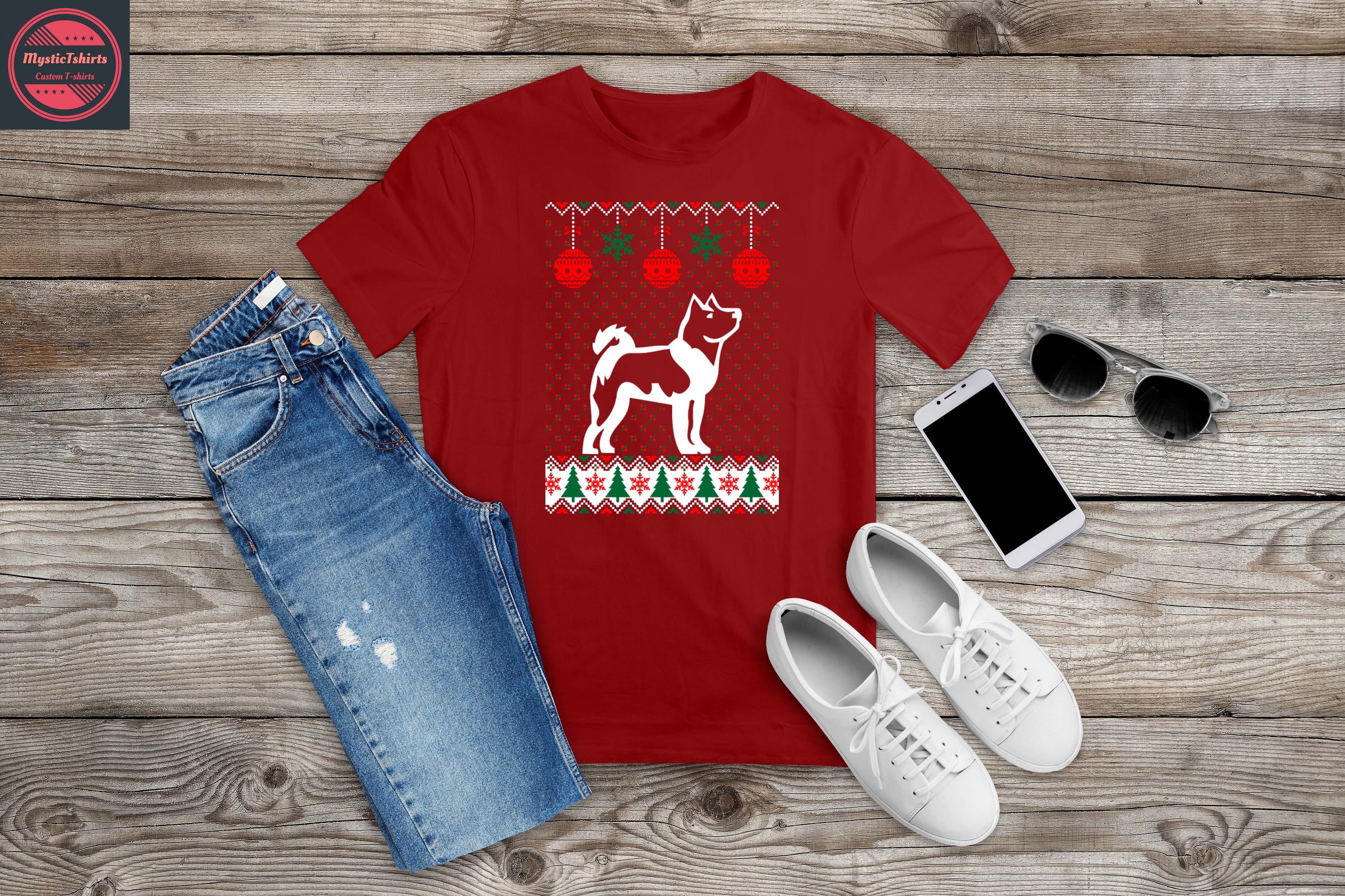 Custom-made T-shirt featuring dogs and Christmas theme, showcasing vibrant colors and high-quality fabric.