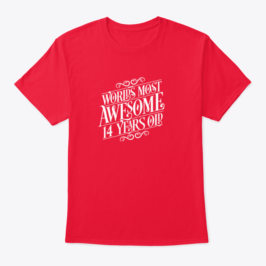 A stylish t-shirt featuring a typography design celebrating a 14th birthday, made from soft cotton fabric.