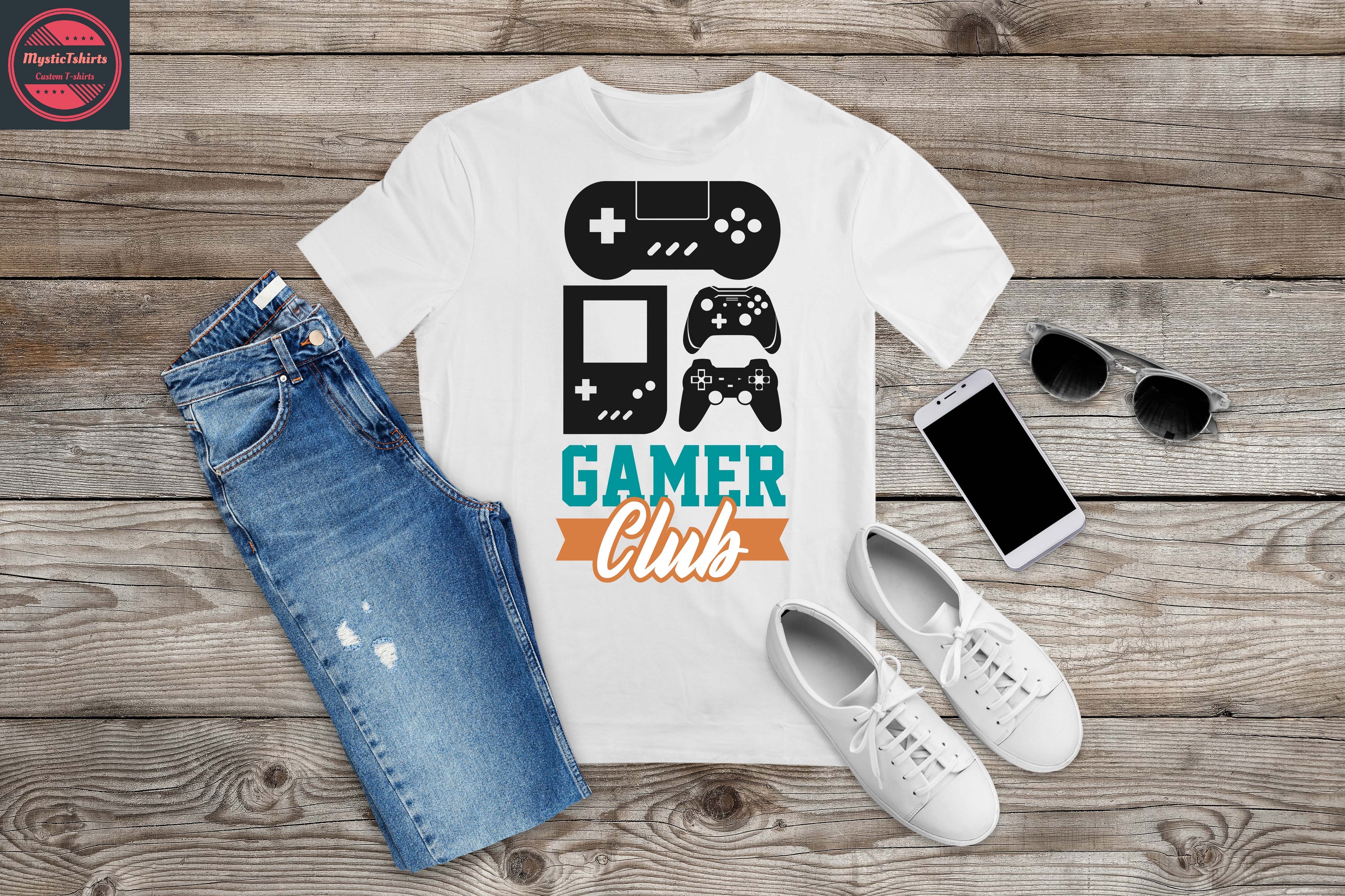 Custom made GAMER CLUB T-shirt featuring personalized text, high-quality fabric, and eco-friendly printing.