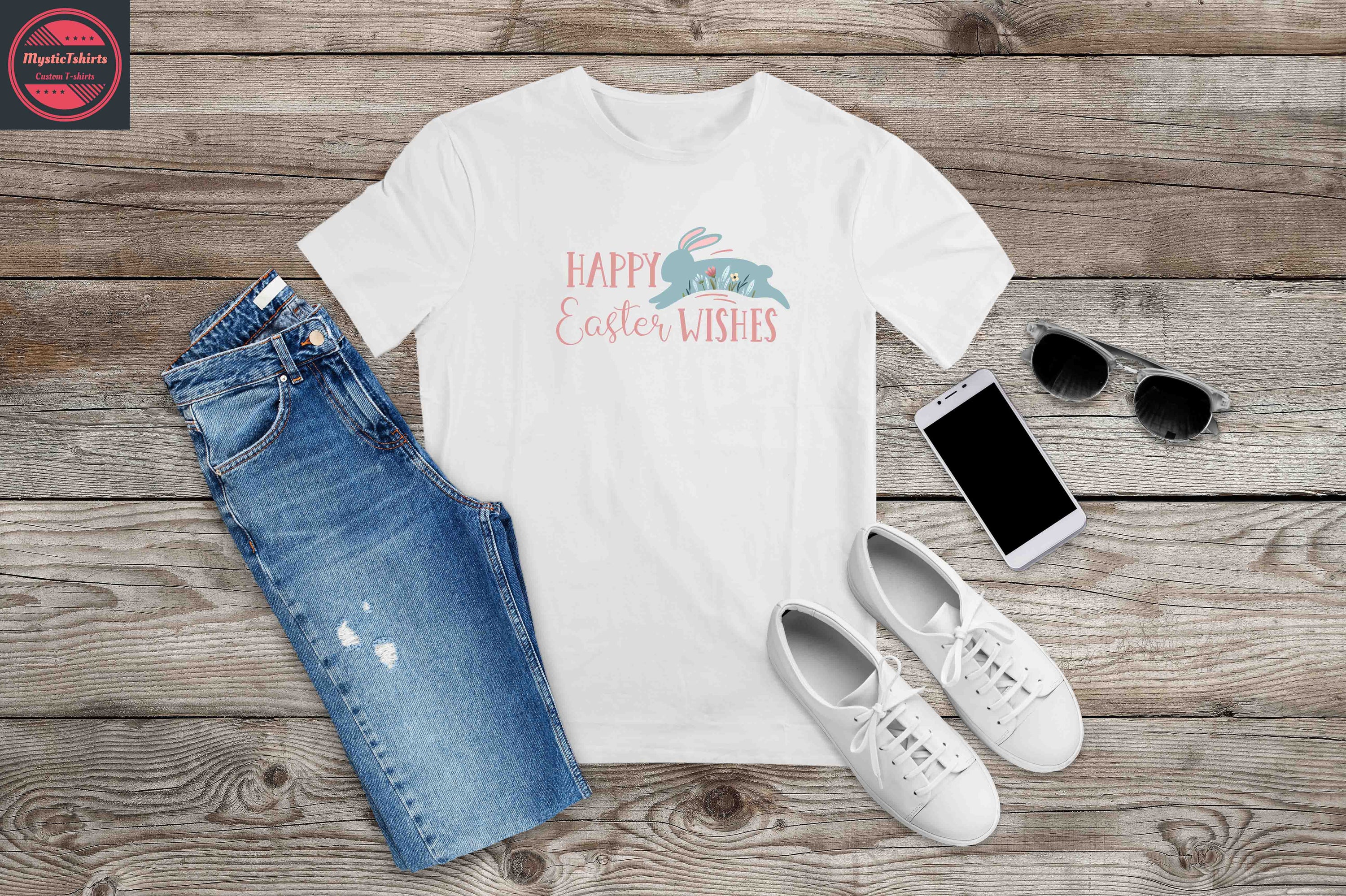 Custom Happy Easter Wishes T-shirt featuring vibrant colors and personalized design options.
