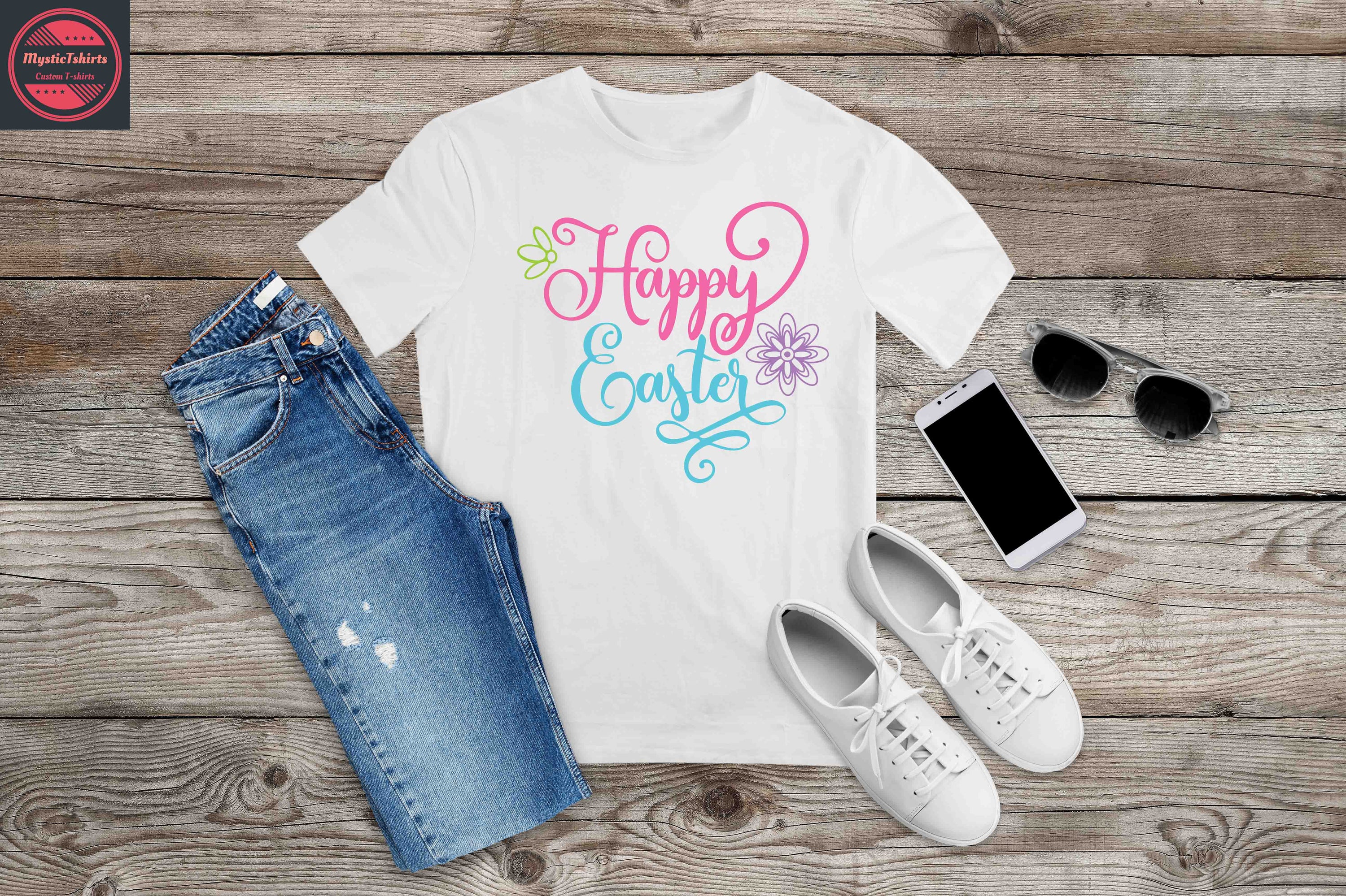 Custom Happy Easter T-shirt featuring vibrant colors and personalized design options, perfect for festive celebrations.