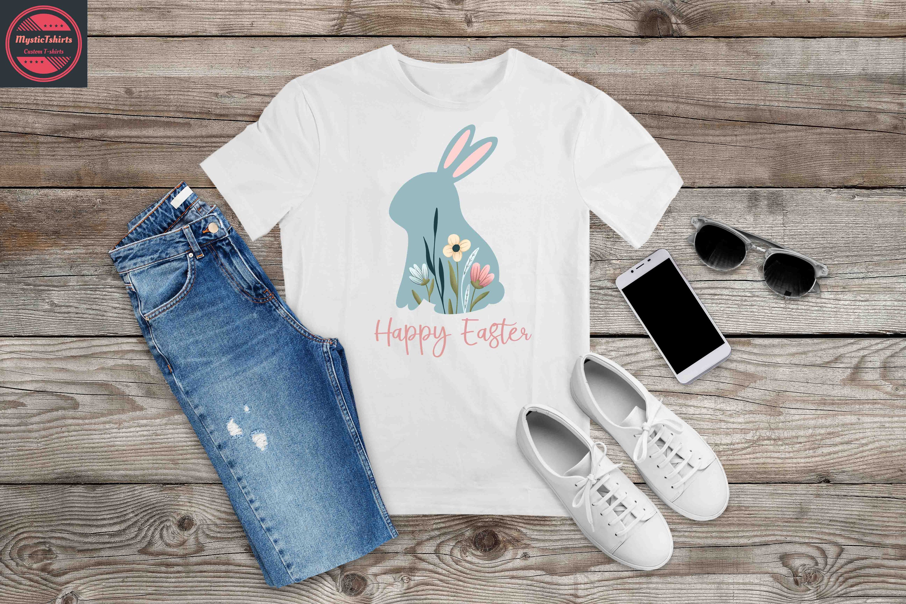 Custom Happy Easter T-shirt featuring vibrant colors and personalized design options, perfect for celebrating the holiday.