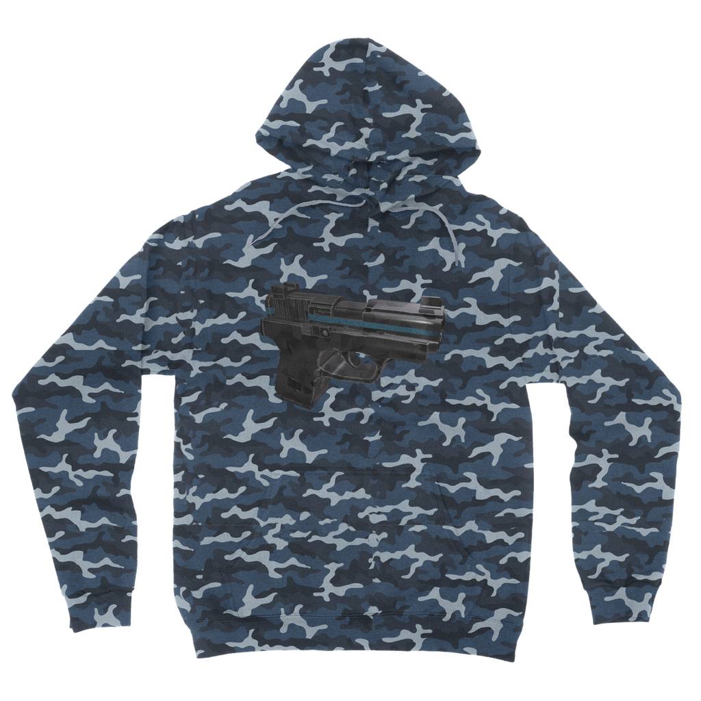 22 Calibur Camouflage Adult Hoodie featuring a classic camo print, double fabric hood, and kangaroo pouch pocket.