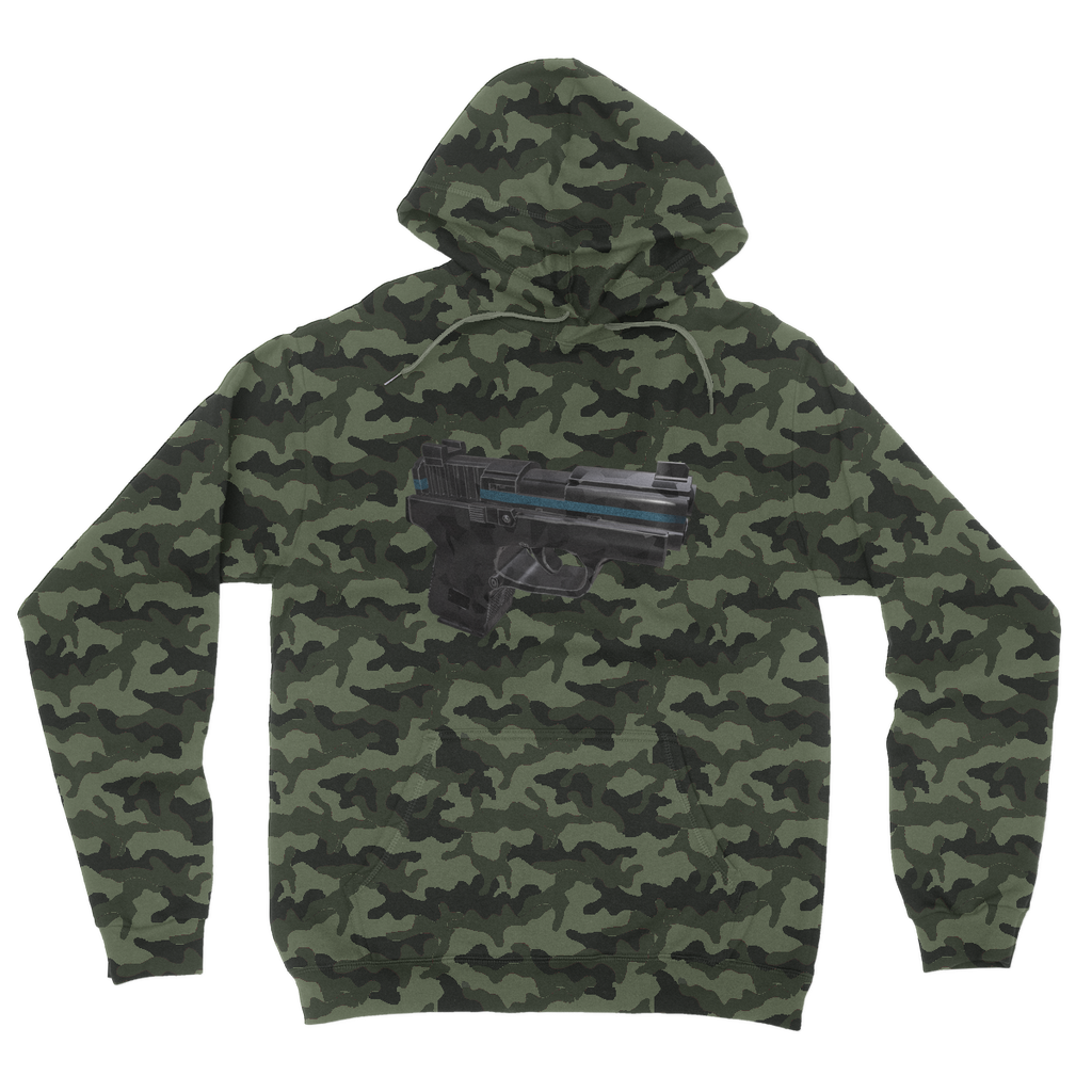 22 Calibur Camouflage Adult Hoodie featuring a classic camo print, double fabric hood, and kangaroo pouch pocket.