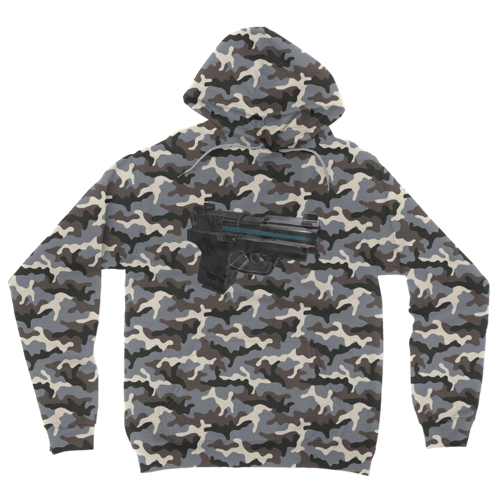22 Calibur Camouflage Adult Hoodie featuring a classic camo print, double fabric hood, and kangaroo pouch pocket.