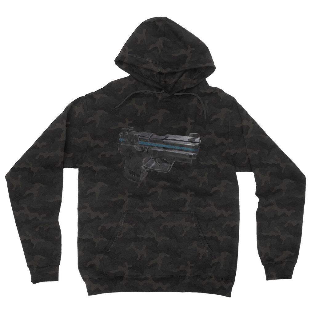 22 Calibur Camouflage Adult Hoodie featuring a classic camo print, double fabric hood, and kangaroo pouch pocket.