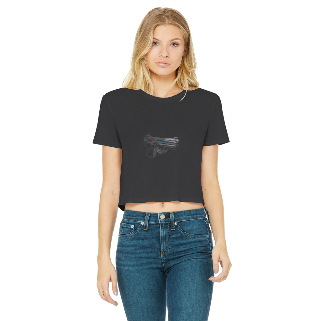 22 Calibur Classic Women's Cropped Raw Edge T-Shirt in various colors, showcasing its round neck, short sleeves, and raw edge hem.