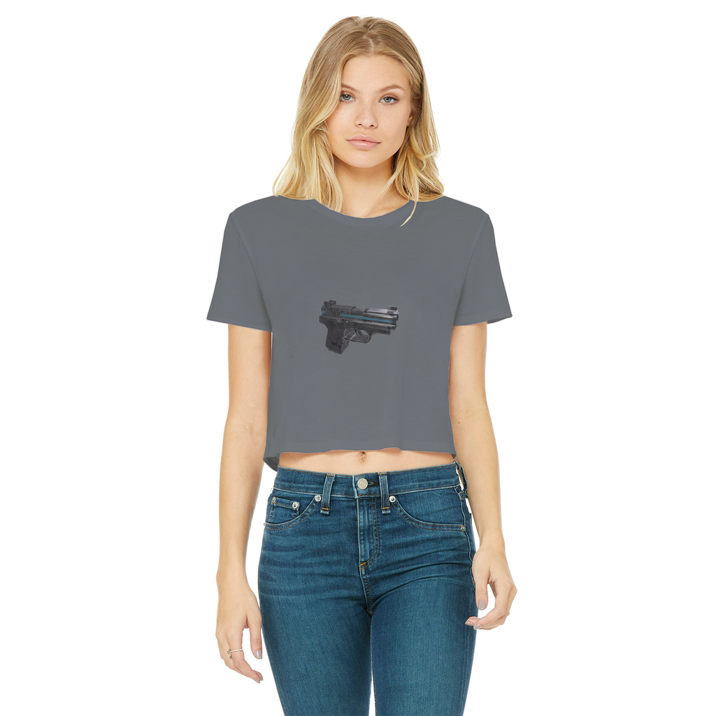 22 Calibur Classic Women's Cropped Raw Edge T-Shirt in various colors, showcasing its round neck, short sleeves, and raw edge hem.