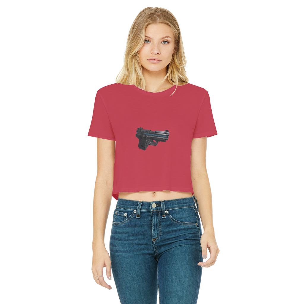22 Calibur Classic Women's Cropped Raw Edge T-Shirt in various colors, showcasing its round neck, short sleeves, and raw edge hem.