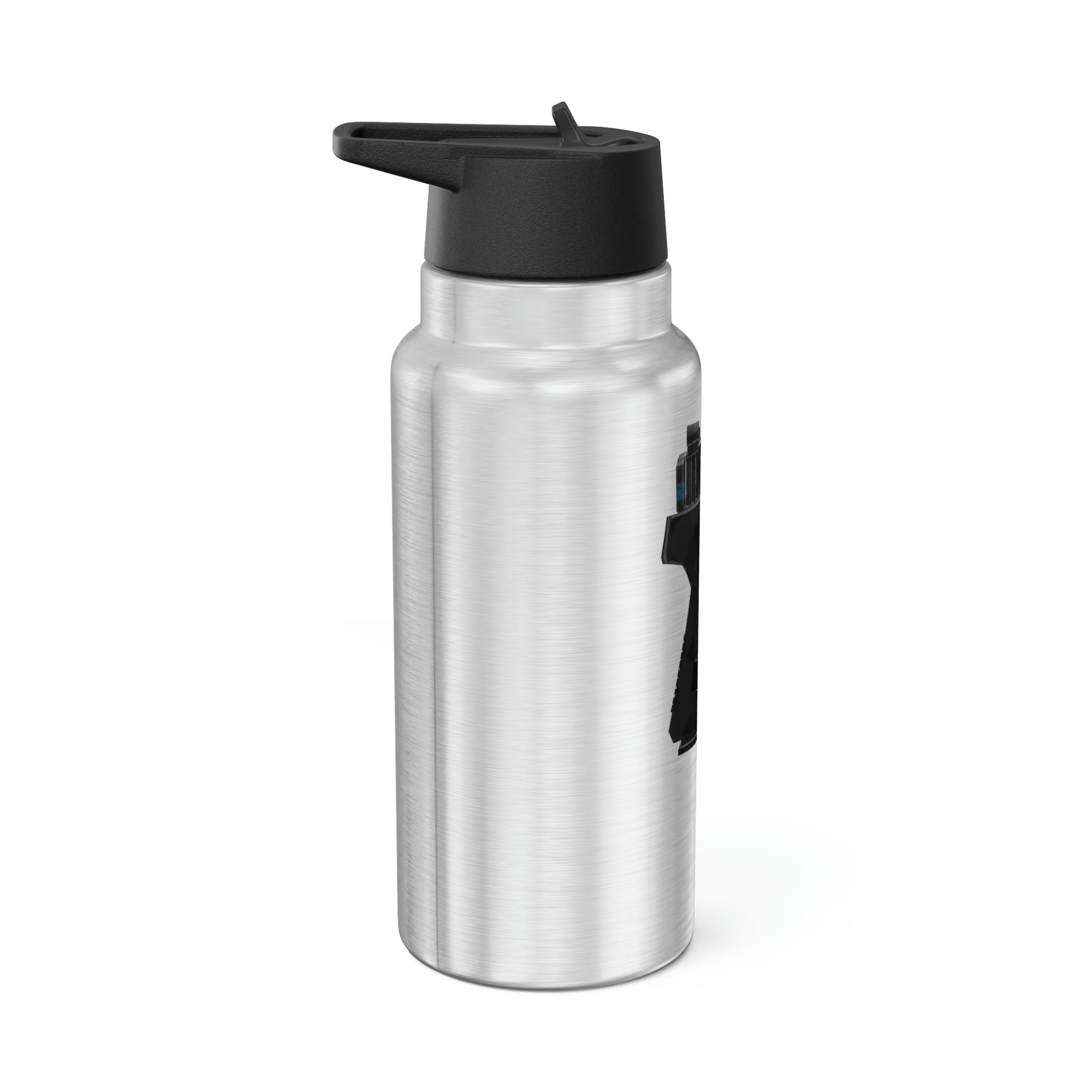 22 Calibur Gator Tumbler in stainless steel with a black screw-on cap and a plastic straw, showcasing a customizable design.