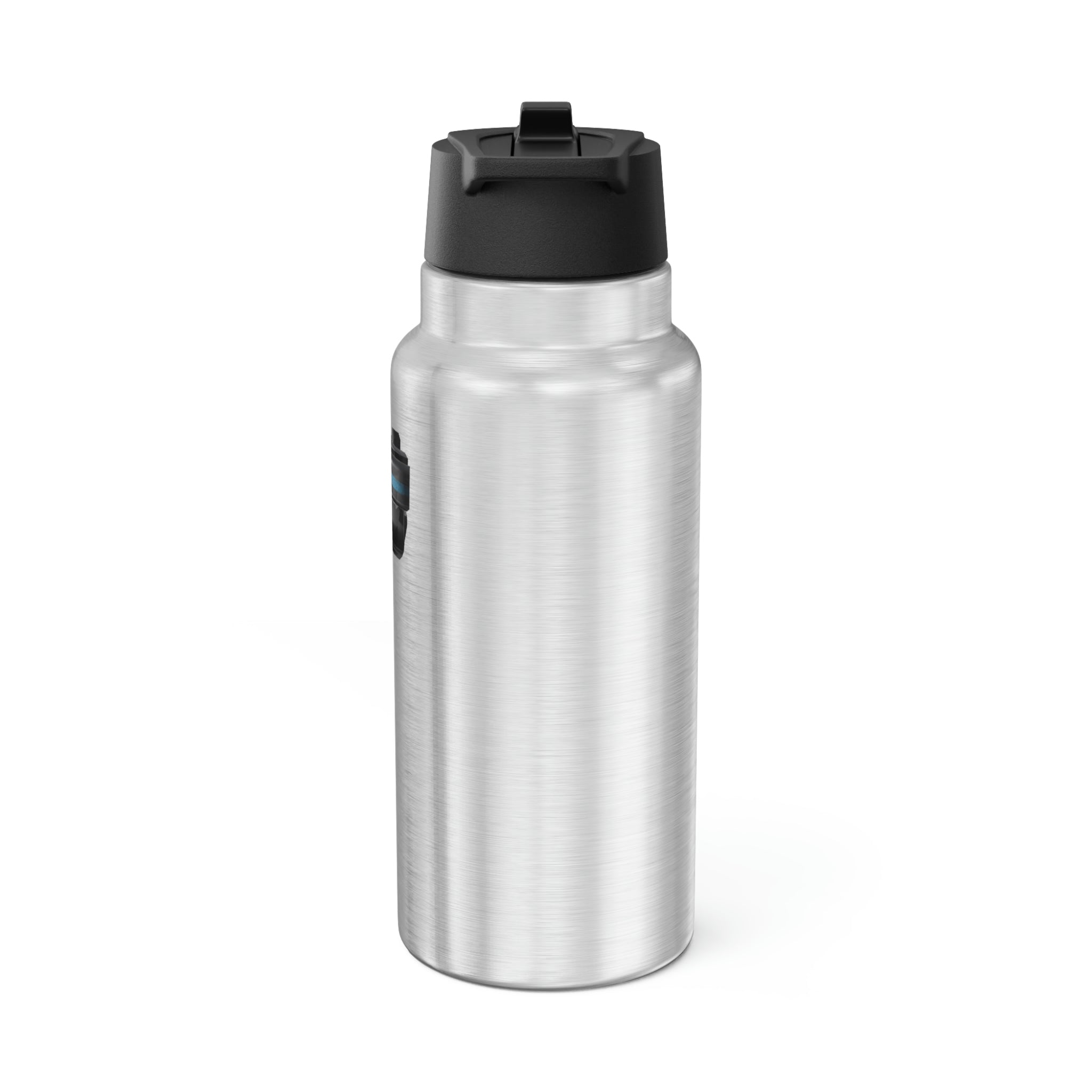 22 Calibur Gator Tumbler in stainless steel with a black screw-on cap and a plastic straw, showcasing a customizable design.
